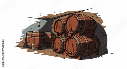 Wooden barrels stacked in a dimly lit cellar, with a single lamp casting shadows on the stone walls