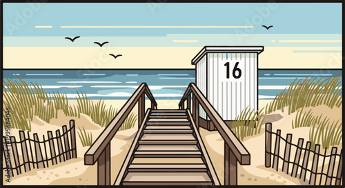 Wooden boardwalk leading to a beach with dunes, a lifeguard tower labeled '16', and the ocean under a clear sky