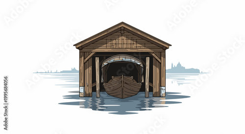 Wooden boat shed with a boat inside, water reflection, and distant city skyline