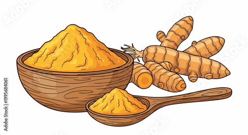 Wooden bowl and spoon filled with golden spice powder, alongside fresh ginger-like roots