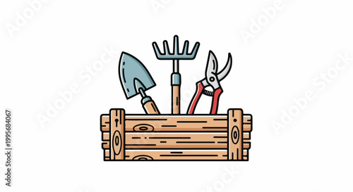 Wooden box holding garden tools trowel, rake, and shears