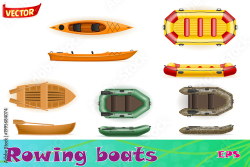 rowing boats made of plastic wooden and inflatable set icons vector illustration