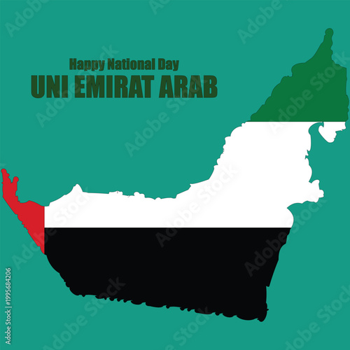Creative illustration celebrating UAE National Day featuring the map of the United Arab Emirates filled with national flag colors. Includes greeting text on a clean background, symbolizing patriotism,