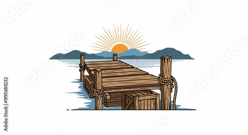 Wooden pier at sunrise over a calm lake with distant mountains