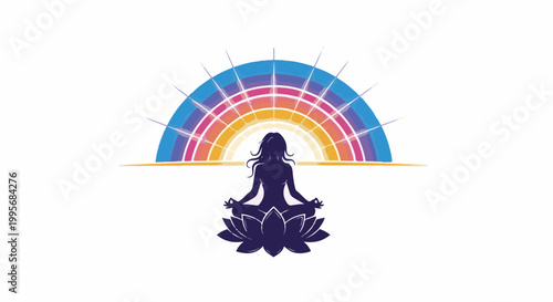 Woman in lotus pose meditating beneath a colorful radiant arc