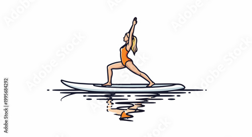 Woman in orange swimsuit performs yoga on a paddleboard reflected in water