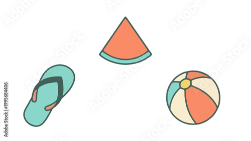 Tropical Summer Icon Collection. Vintage flat design with sun, flip-flops, and coconut drinks.

