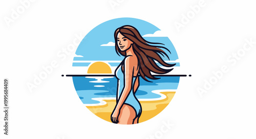 Woman in swimsuit on a beach at sunset