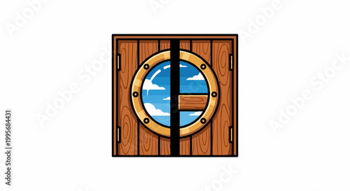 Wooden double doors with a circular porthole revealing a bright blue sky with clouds