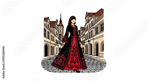 Woman in traditional attire stands on a cobblestone street lined with old buildings