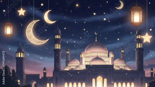 Nighttime mosque illustration with crescent moon and lanterns