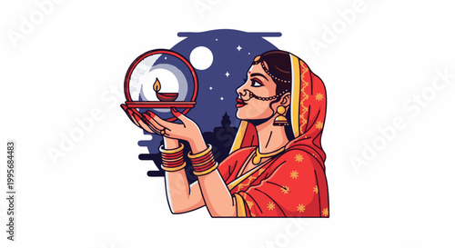 Woman in traditional attire holds a lamp under a starry night sky