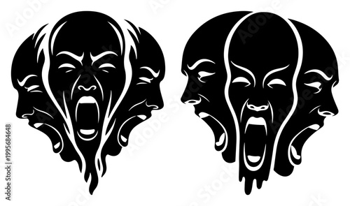 Obraz na plátně Group of screaming faces merging together in a dark horror silhouette style