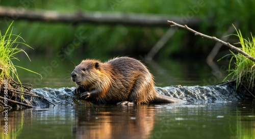 Beaver in its natural habitat, swimming in a river.