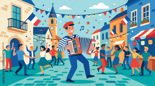A lively flat design illustration of a Bastille Day street party, featuring a stylized accordion player and dancing figures in a joyful, festive setting. 