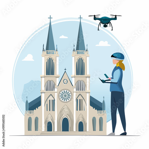 Woman piloting a drone near a historic cathedral vector illustration