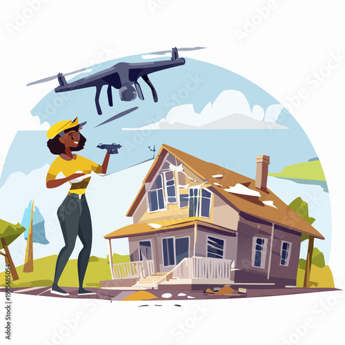 Professional woman using drone for residential damage inspection