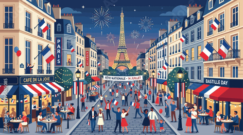 A bustling flat design illustration of a festive Parisian street scene on Bastille Day, complete with stylized buildings, cafes, and French flags. 