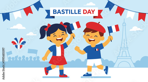 A heartwarming flat design illustration depicting two stylized children joyfully celebrating Bastille Day, holding French flags and wearing tricolor accessories. 