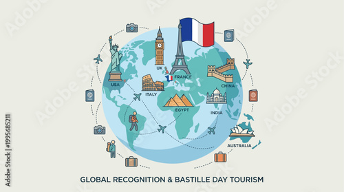 A global flat design illustration featuring a stylized globe with international landmarks and a prominent French flag, symbolizing worldwide recognition and tourism for Bastille Day. 