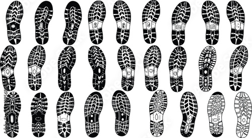 Collection of diverse black and white sole footprints, shoe tread patterns, graphic illustration