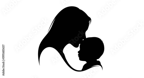 Black silhouette mother kissing baby forehead on a white background flat illustration