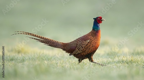 Ring necked pheasant bird walking on a bright grassy meadow field