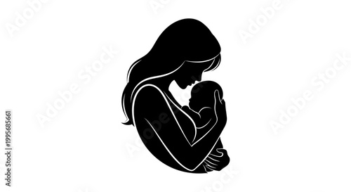 Black silhouette of a mother cradling a baby on white background flat illustration