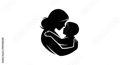 Black silhouette of a mother embracing her baby on a white background flat illustration