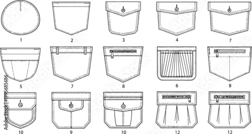 Pocket designs set featuring various clothing patch styles for fashion technical drawing and garment production flat illustrations