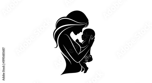 Black silhouette of a mother holding a newborn baby on white background flat illustration