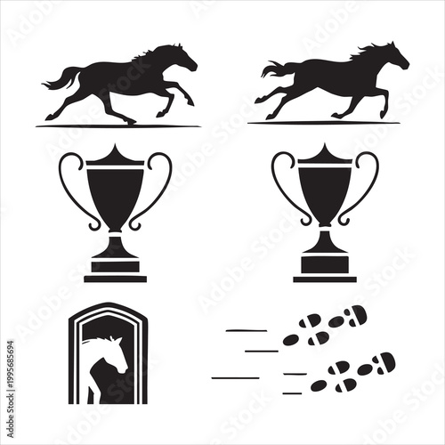 Horse racing collection with stallions galloping trophies and stable silhouette for sport branding