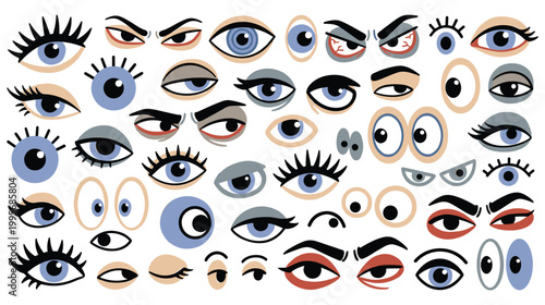 Set of cartoon eyes with different expressions and shapes on white background.