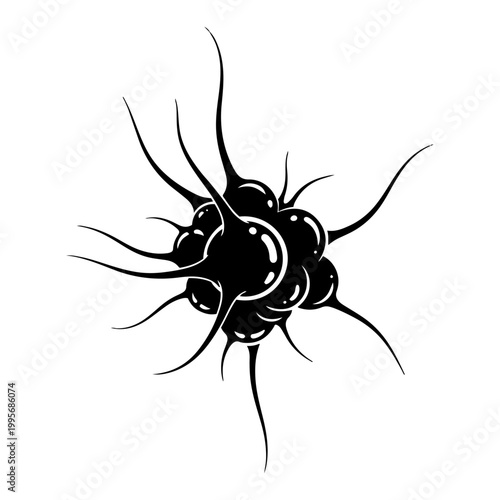 Cell with long flagella tentacles in black and white engraving style