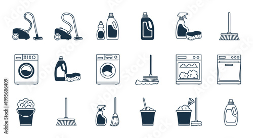 Home Cleaning Tools and Supplies Vector Icons Set