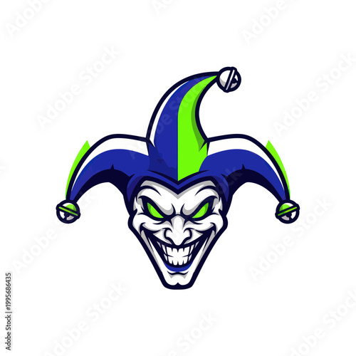 Joker Face Logo - Evil Clown Head with Jester Hat and Green Eyes