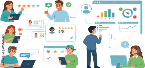 Customer feedback and user experience set with people giving ratings writing reviews and analyzing data on digital dashboards for business
