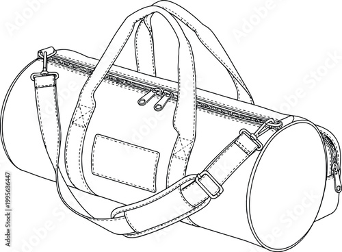 Duffel bag graphic illustration featuring multiple handles, zipper closure, and detachable adjustable shoulder strap design vector.