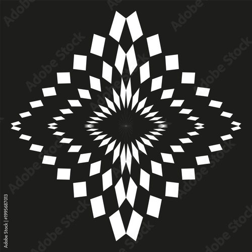 A striking Vector abstract geometric optical illusion pattern design featuring radiating white rhombus shapes on a black background, creating a dynamic visual.