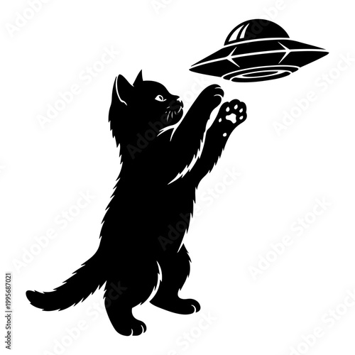 Kitten reaching for flying saucer ufo silhouette vector graphic