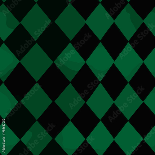 Repeating geometric diamond pattern featuring dark green and black colors creating a textured graphic backdrop. Dark green and black harlequin pattern background