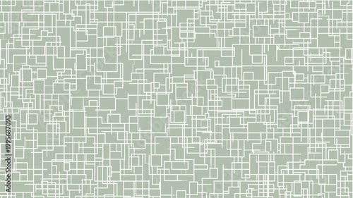 Abstract design creating a mosaic texture with white square outlines on a soft green background. Seamless geometric pattern of overlapping squares on pastel green