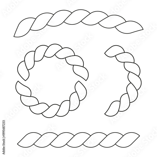 A classic collection of outline braided rope elements in straight, circular, and curved Vector forms, perfect for decorative design.