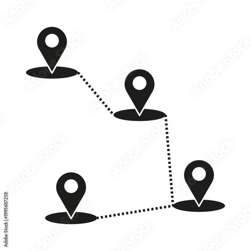 A Vector illustration depicting a route connecting multiple location pins with dotted lines, symbolizing navigation, tracking, or delivery services.