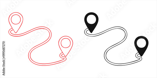 Destination path symbols with red and black outline location pointers connected by winding road lines