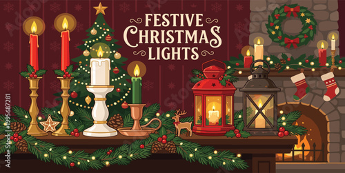 Festive Christmas lights background with burning candles lanterns fireplace decorated mantel and evergreen garland for winter holiday celebration design