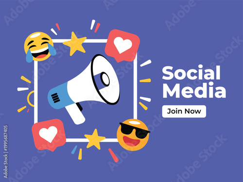 Social media marketing banner vector with megaphone and emoji icons