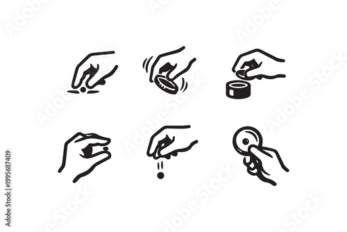 Hands Manipulating Small Objects and Substances A Set of Six Minimalist Line Art Icons