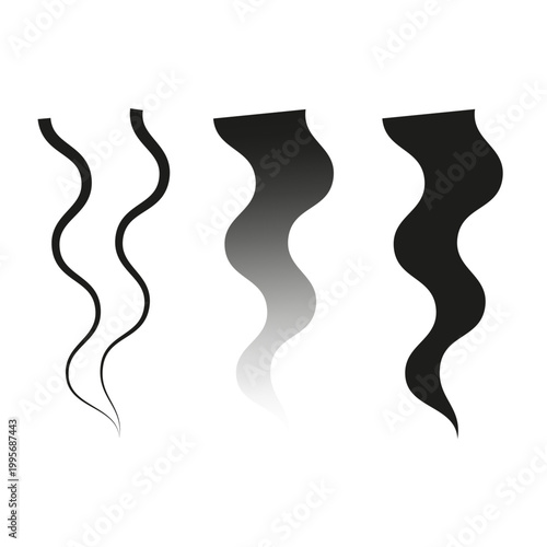A collection of abstract Vector waves depicting steam, smoke, or aroma, featuring outlines, a subtle gradient, and a solid form.