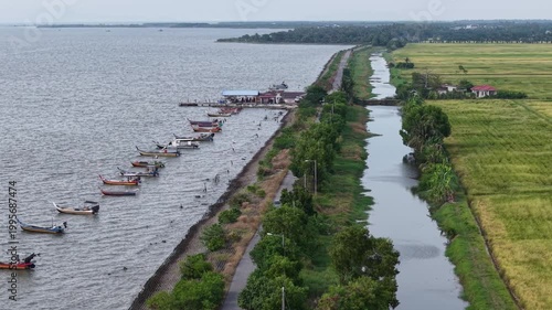 Aerial view of paddy fields and sea at Ban Pecah